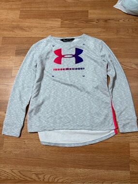 Under Armour Heather Gray Girls' Long-Sleeve Top with Pink and Purple Logo